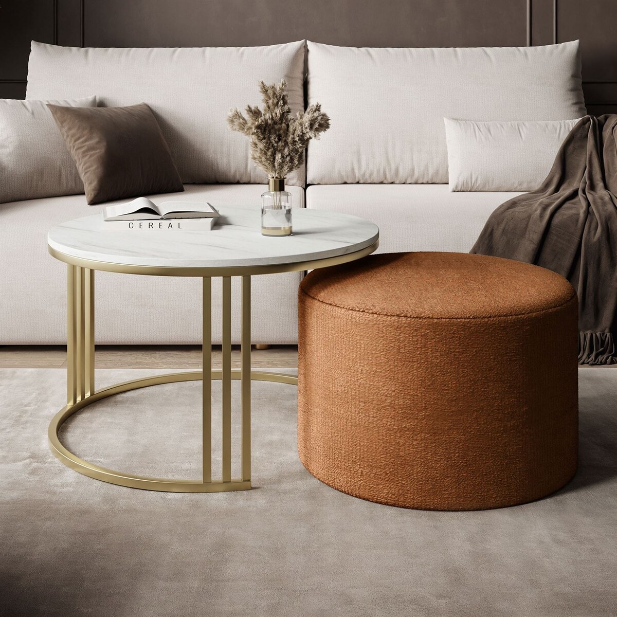 Stolik kawowy z pufą LORI MAT złoto szczotkowane, Marmur Levanto / Perfect Harmony 52