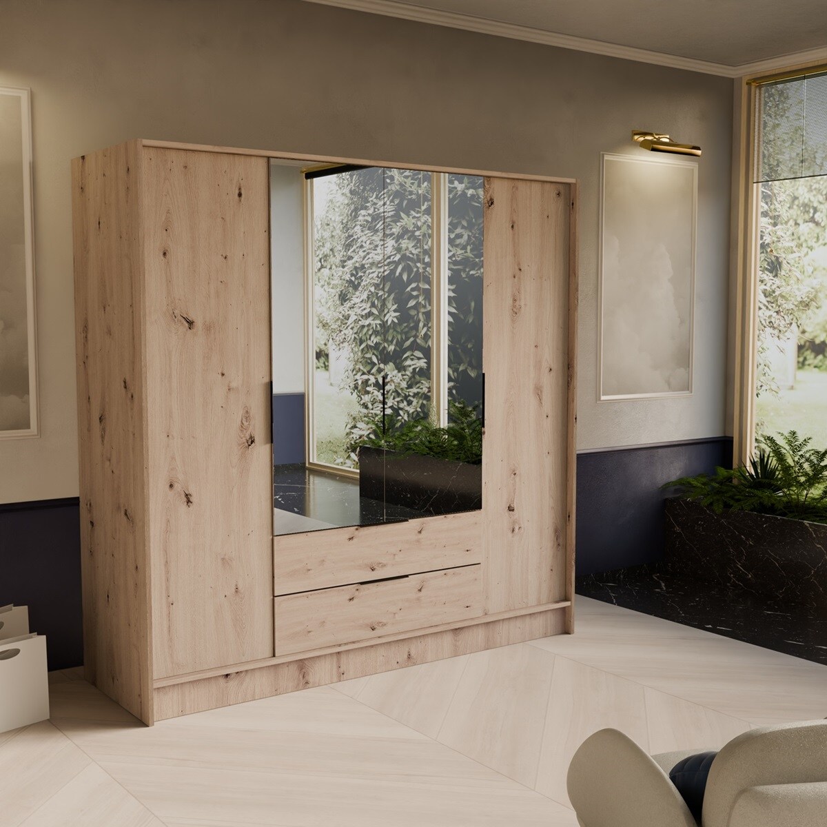 Szafa NIKOLA 200 z lustrem i regulowanymi półkami, do przedpokoju- sonoma