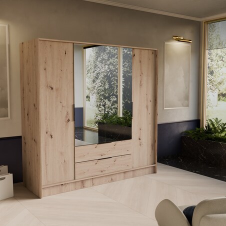 Szafa NIKOLA 200 z lustrem i regulowanymi półkami, do przedpokoju- sonoma