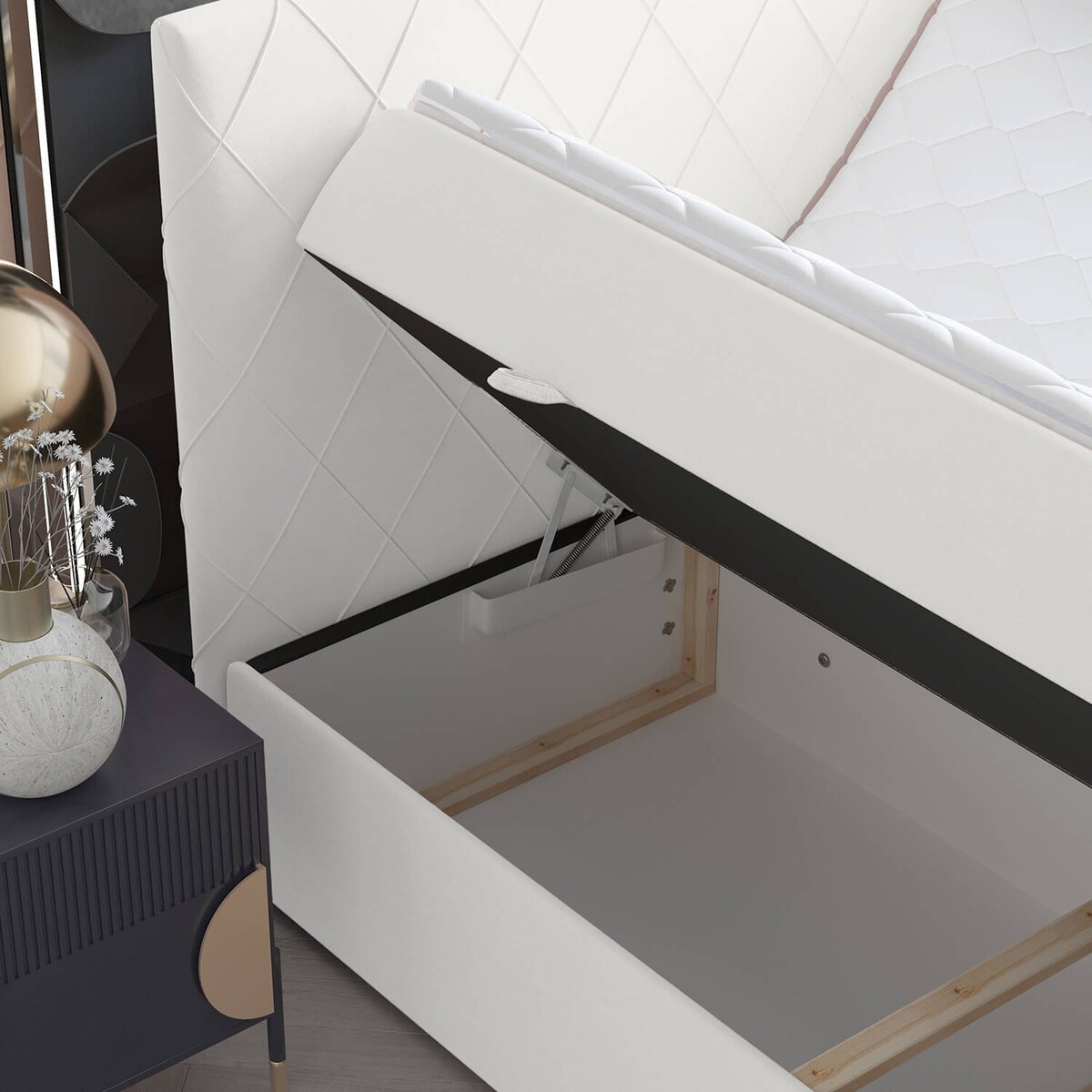 Łóżko kontynentalne PLATINE 200x200 z pojemnikiem, Biały, tkanina Magic Velvet 2200