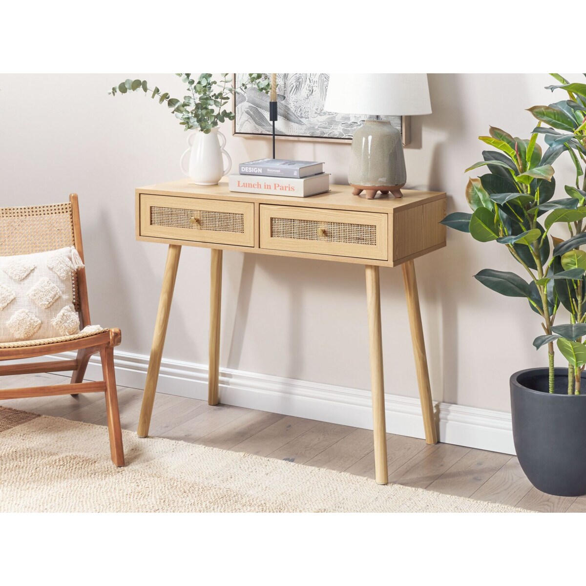 Konsola 2 szuflady fronty rattanowe jasne drewno ODELL