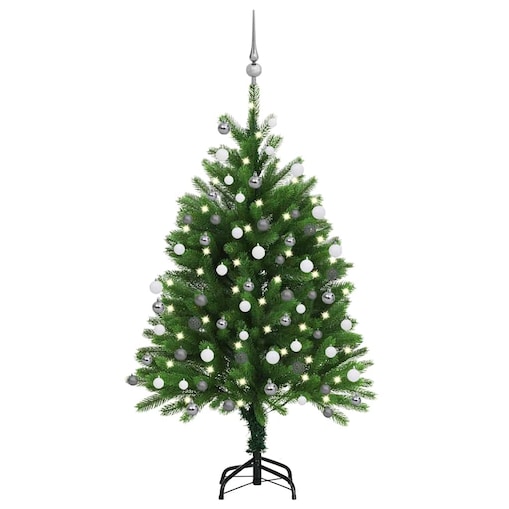 vidaXL Sztuczna choinka z lampkami i bombkami, 120 cm, zielona