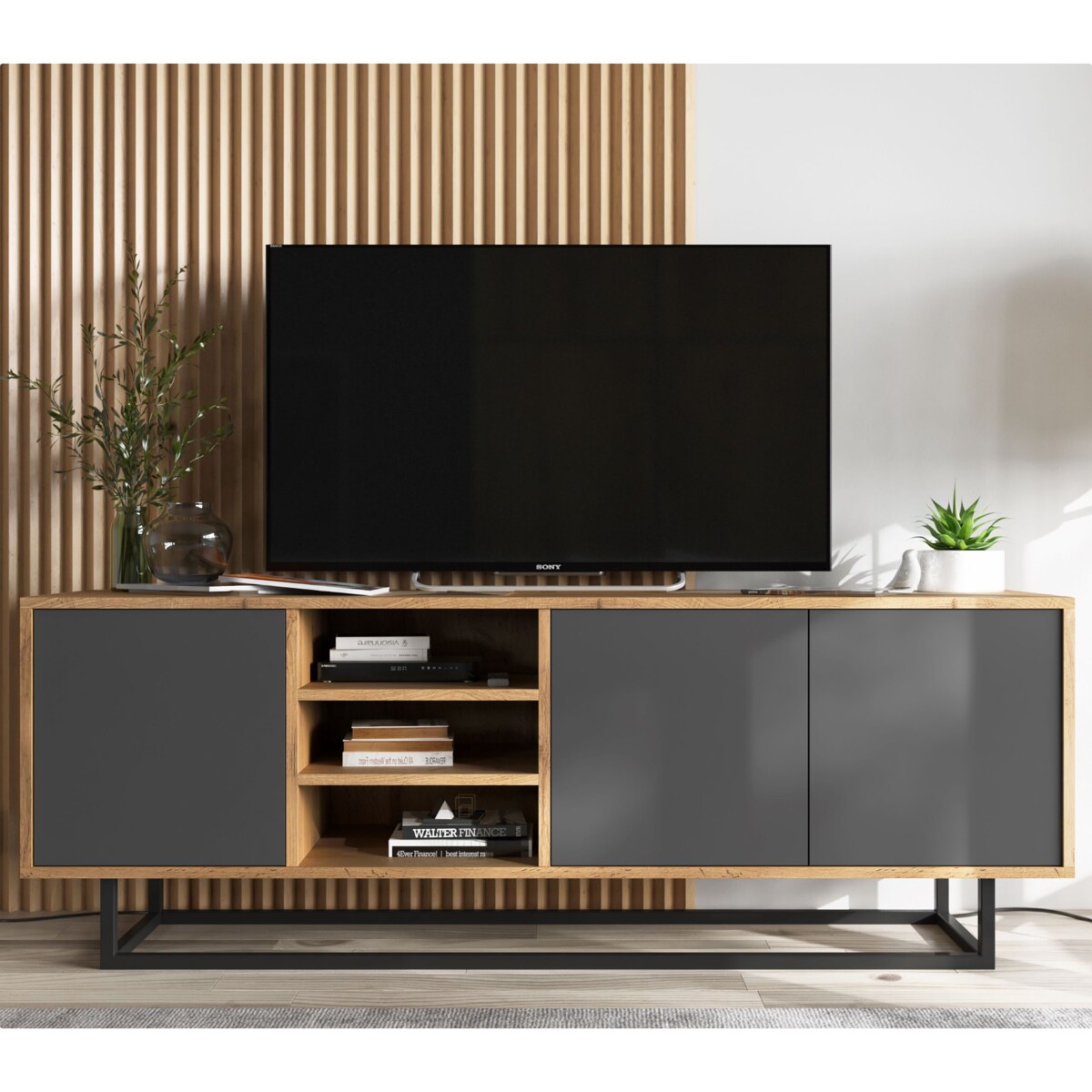 Szafka RTV Industrialna Komoda Loft Dąb Wotan Grafit MAT 150 cm