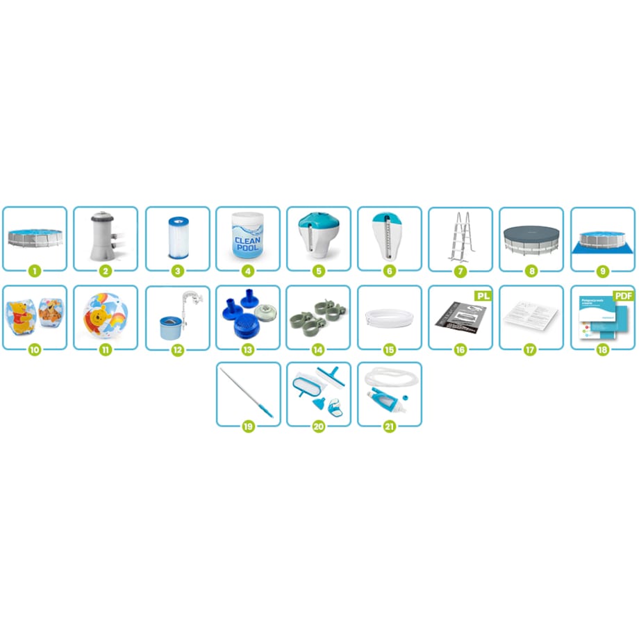 Basen ogrodowy stelażowy 457x107 Intex zestaw 21w1