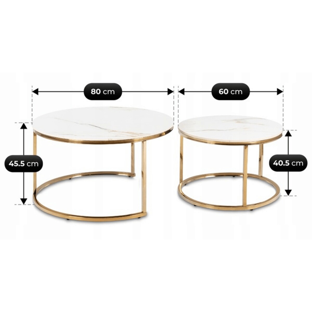 Stolik Kawowy Okrągły Zestaw 2w1 Ława Glamour Marmur Biały Złoty MILANO