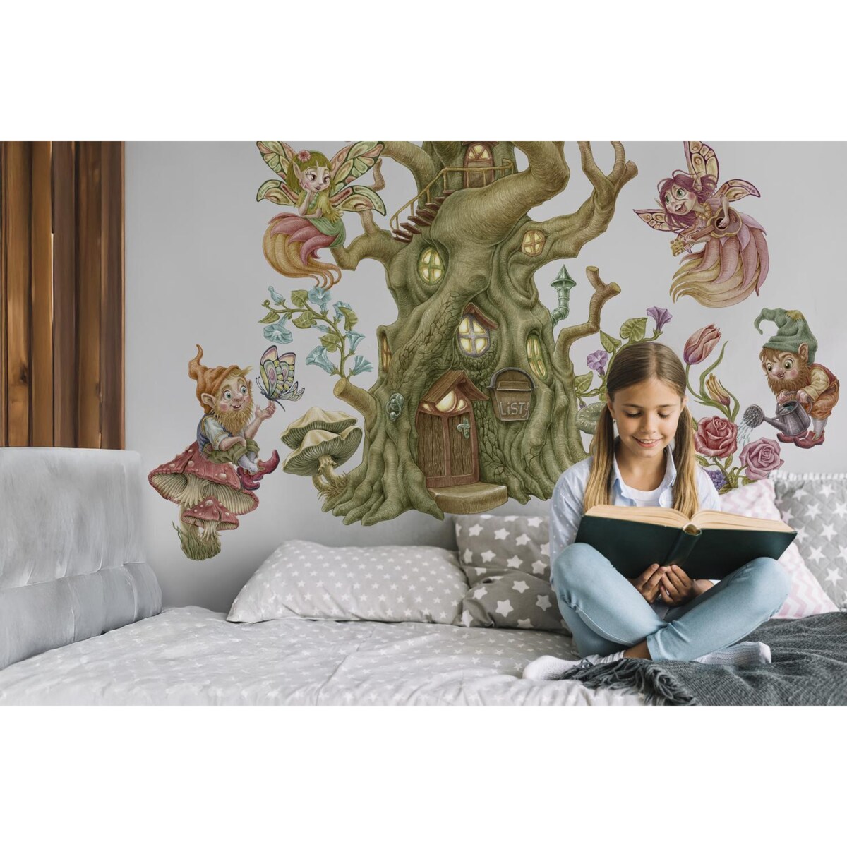 Zestaw naklejek na ścianę, Wróżki krasnale i domek, 100cm