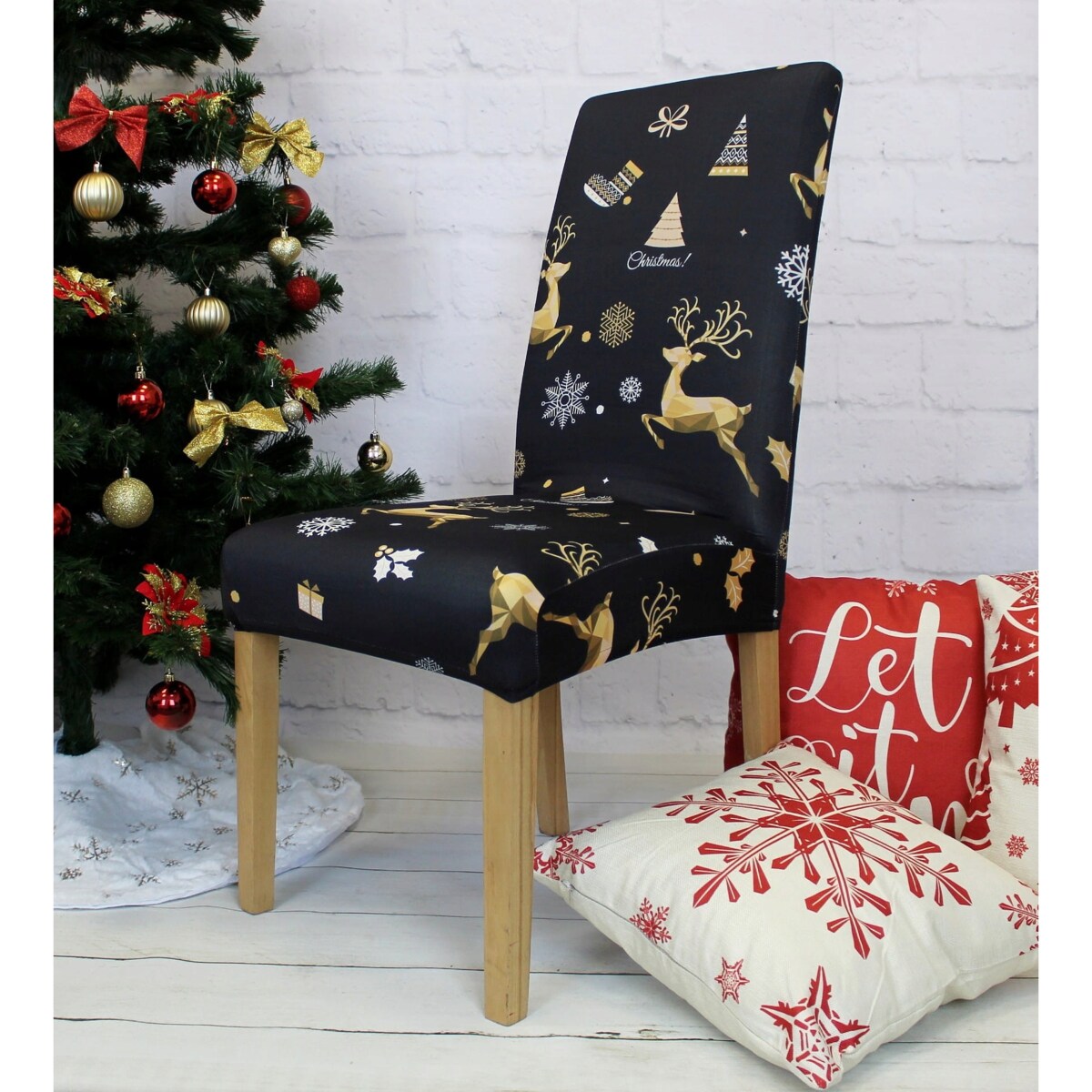 POKROWIEC NA KRZESŁO CZARNY ŚWIĄTECZNE WZORY ELASTYCZNY [21DP1]