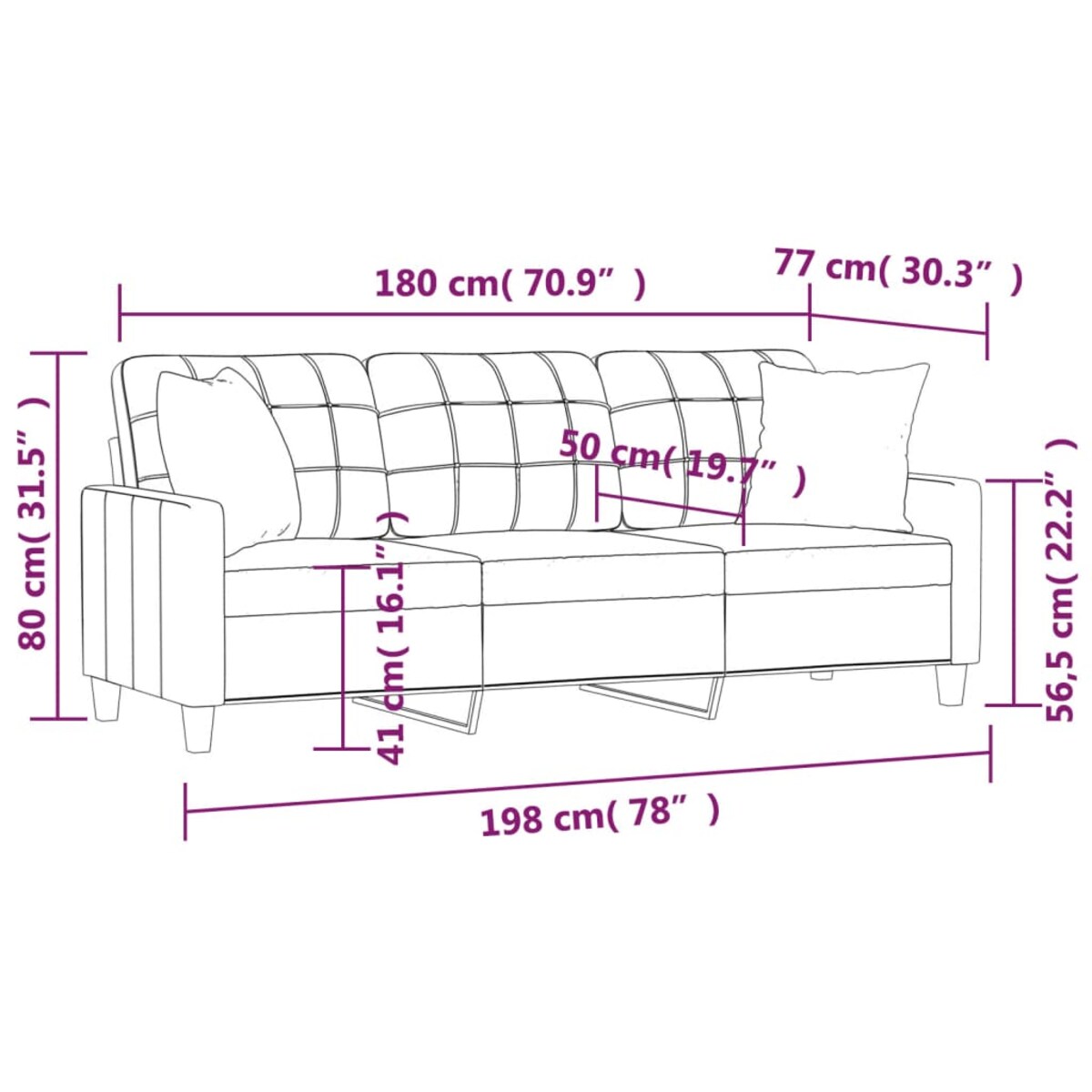 vidaXL 3-osobowa sofa z poduszkami, czarna, 180 cm, sztuczna skóra