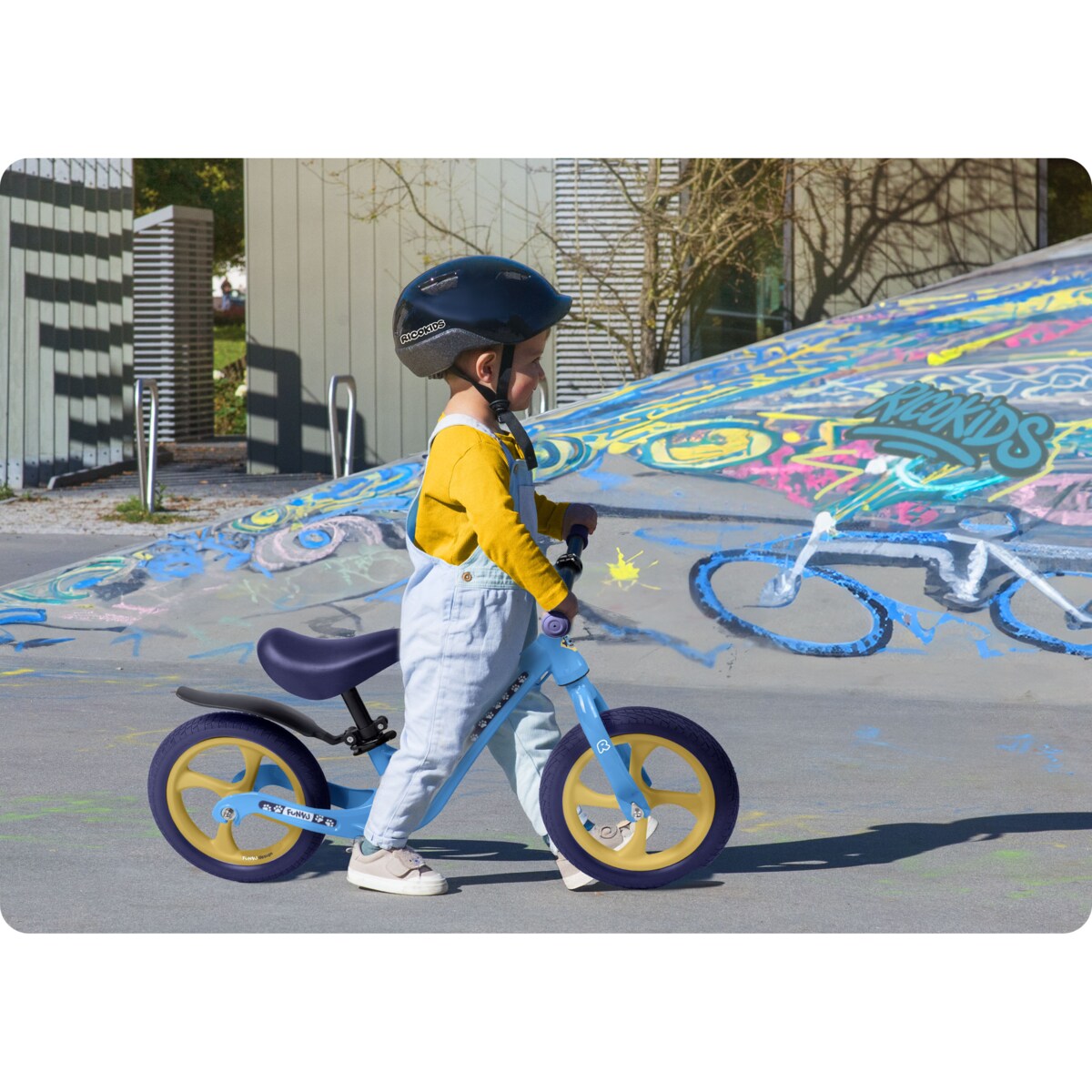 Rowerek biegowy dla dzieci magnesium Ricokids niebiesko-żółty Funnu 760505