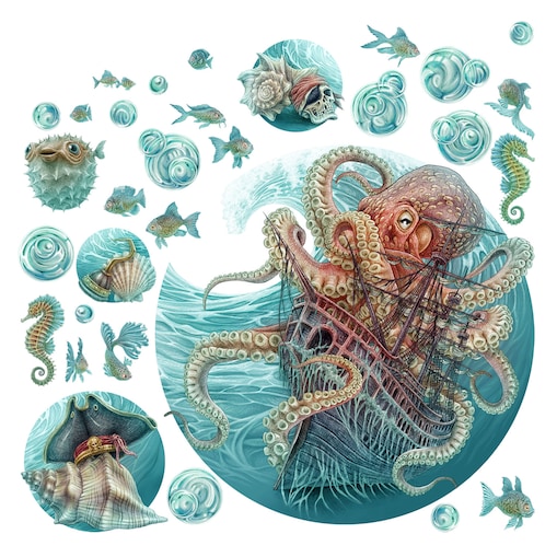 Zestaw naklejek na ścianę, Świat ośmiornicy, 130cm