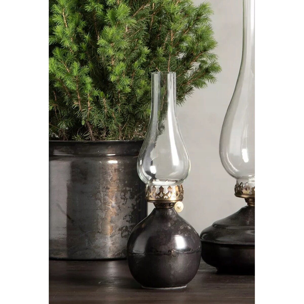 ŚWIECZNIK SZKLANY TEALIGHT WYSOKI 34cm lampion imitacja lampy naftowej loft