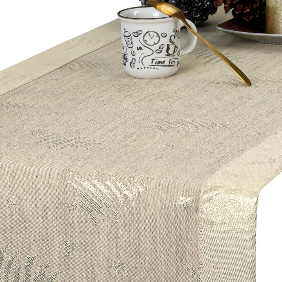 Bieżnik świąteczny w Złote Choinki i Gwiazdki z mankietem O5 beżowy - 40x120 cm - beżowy