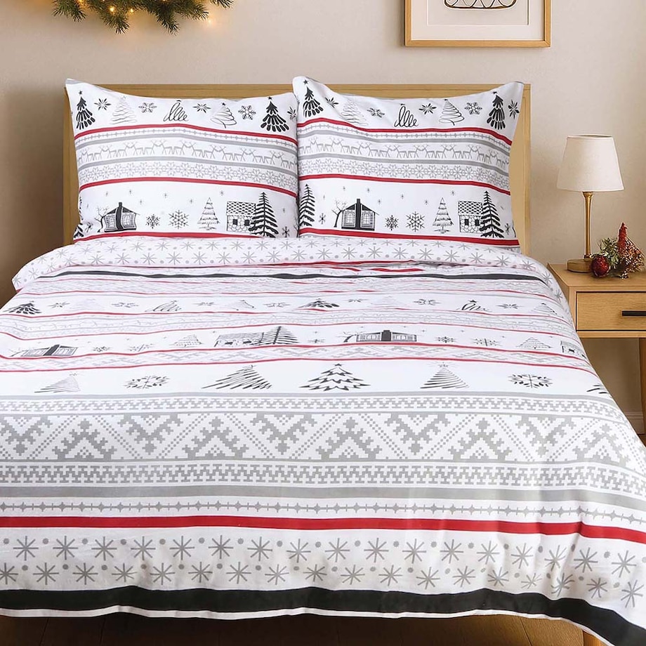 Pościel flanelowa 160x200 Selvia biała w choinki i chatki, Flanelove