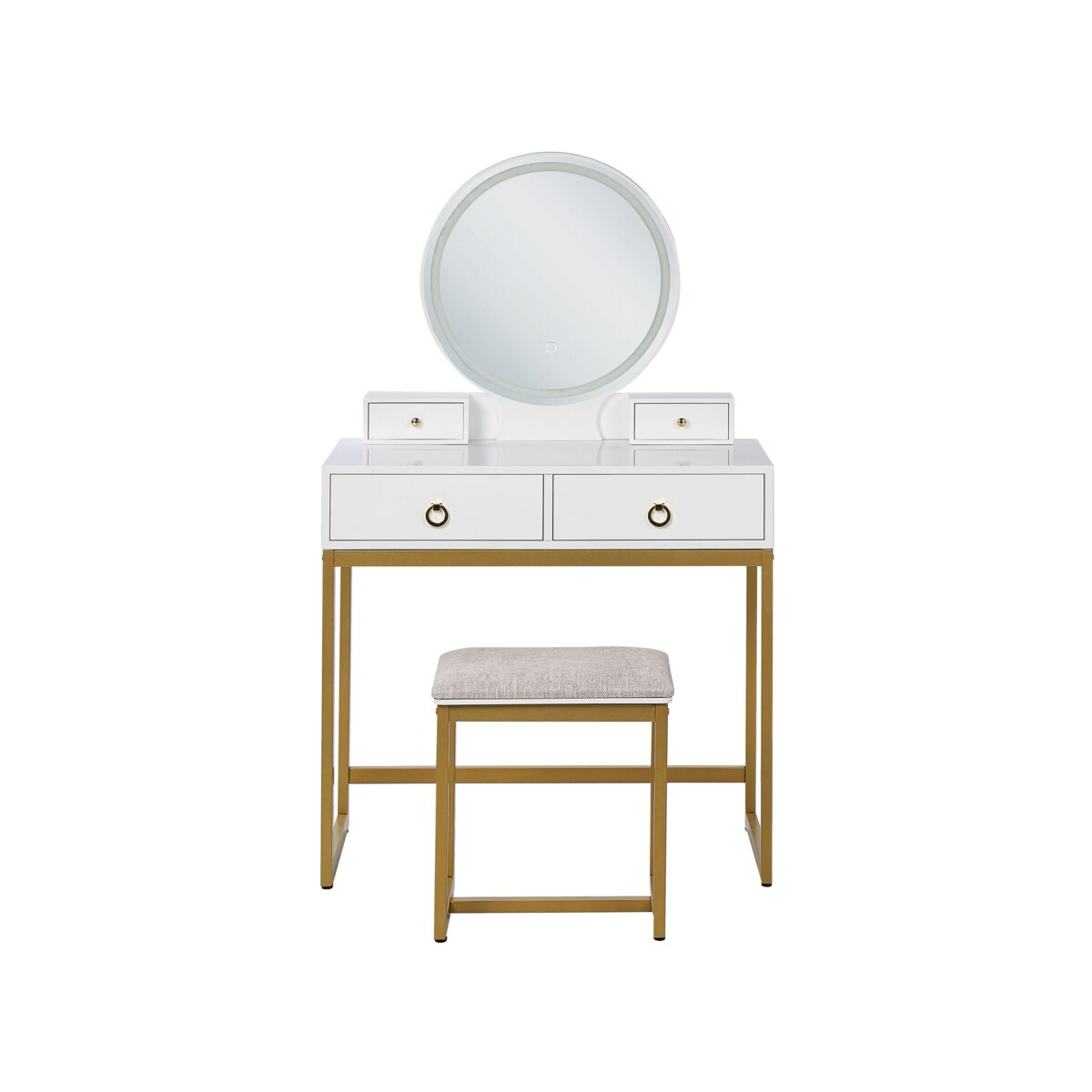 Toaletka 4 szuflady lustro LED ze stołkiem biało-złota AUXON