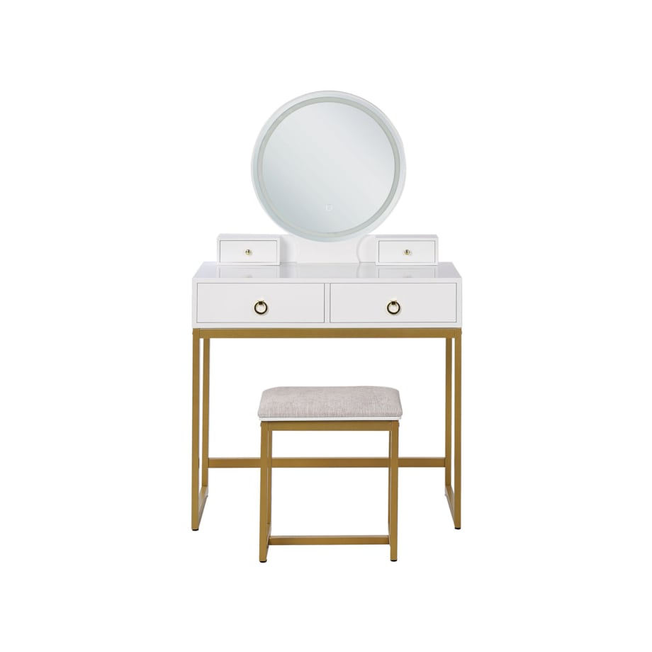 Toaletka 4 szuflady lustro LED ze stołkiem biało-złota AUXON