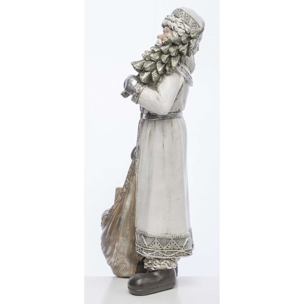 Mikołaj w płaszczu z workiem prezentów i choinką 31,5x13x11 cm