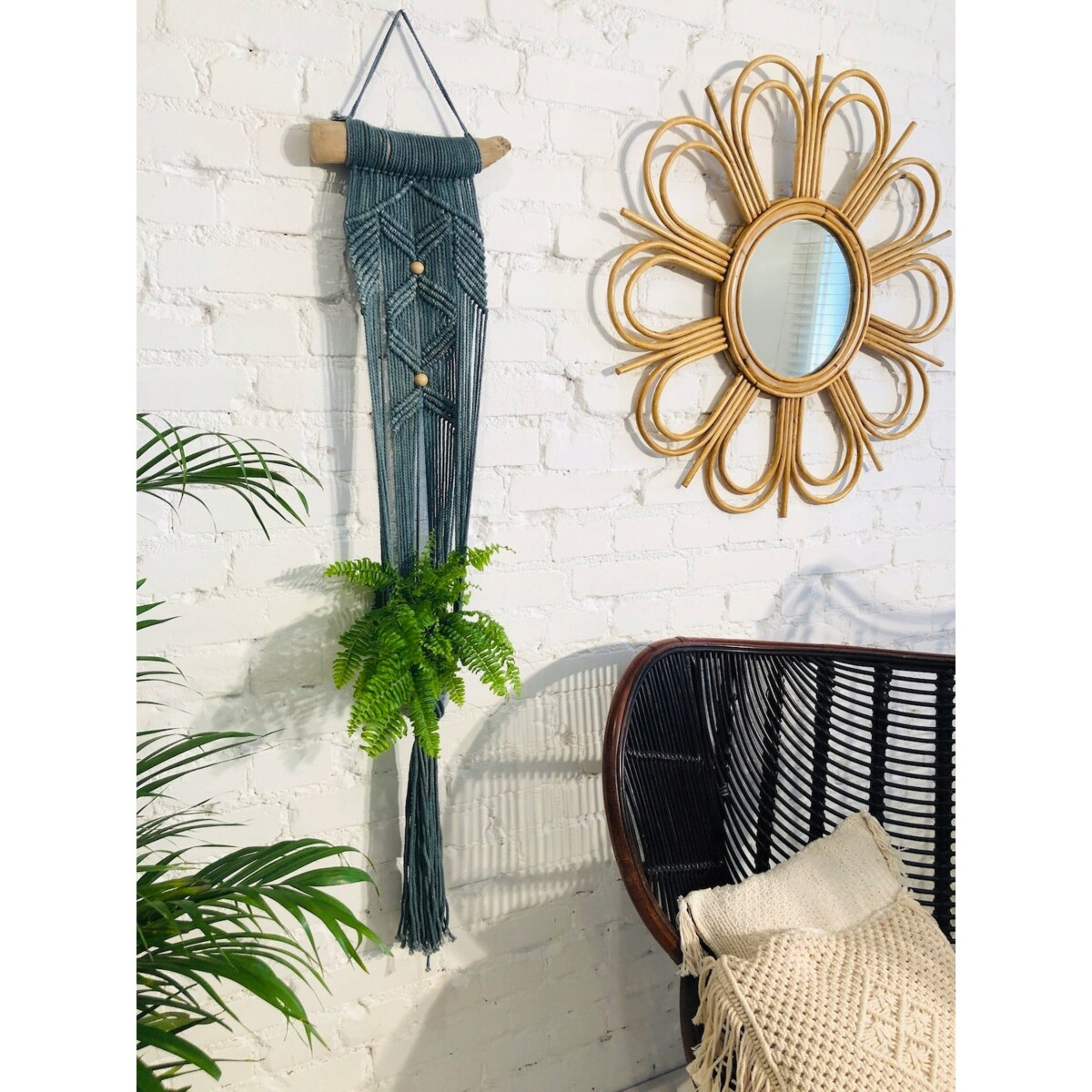 KWIETNIK MAKRAMA POJEDYNCZY Z DREWNEM KREM