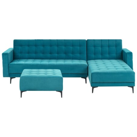 Sofa rozkładana lewostronna welurowa z otomaną morska ABERDEEN
