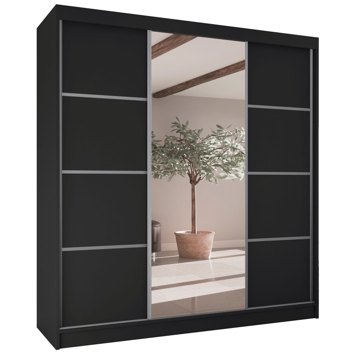 Szafa przesuwna Filo V200 z lustrem, srebrne szprosy na frontach -czarna