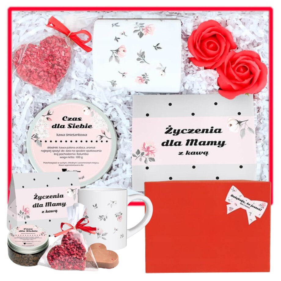 Gotowy zestaw prezentowy „Dziękuję, że jesteś“ kawy smakowe kubek czekoladowe serce kawa PREMIUM mydlane róże prezent upominek na Dzień Matki dla mamy