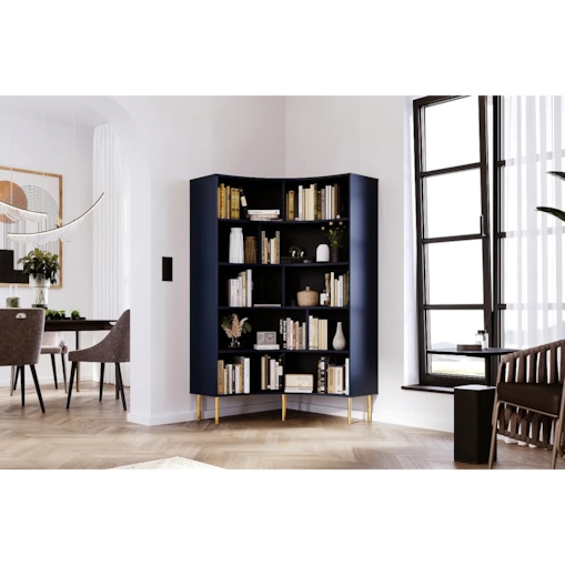 Nowoczesny narożny regał na książki Skandica HORN ze złotymi nogami / granatowy