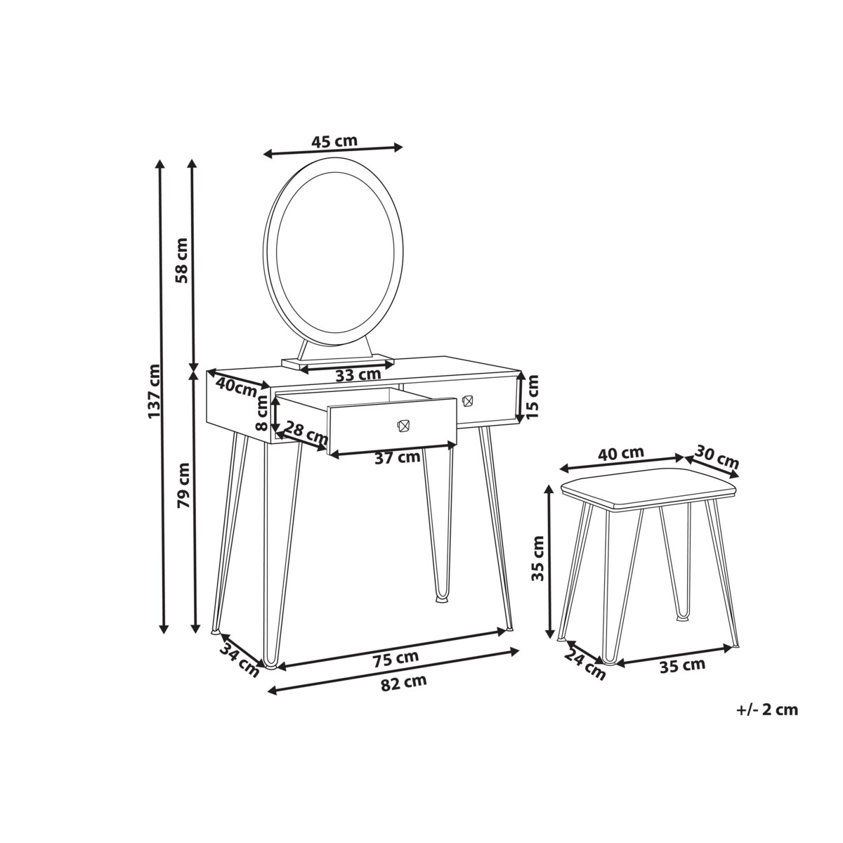 Toaletka 2 szuflady lustro LED ze stołkiem biało-złota CAEN