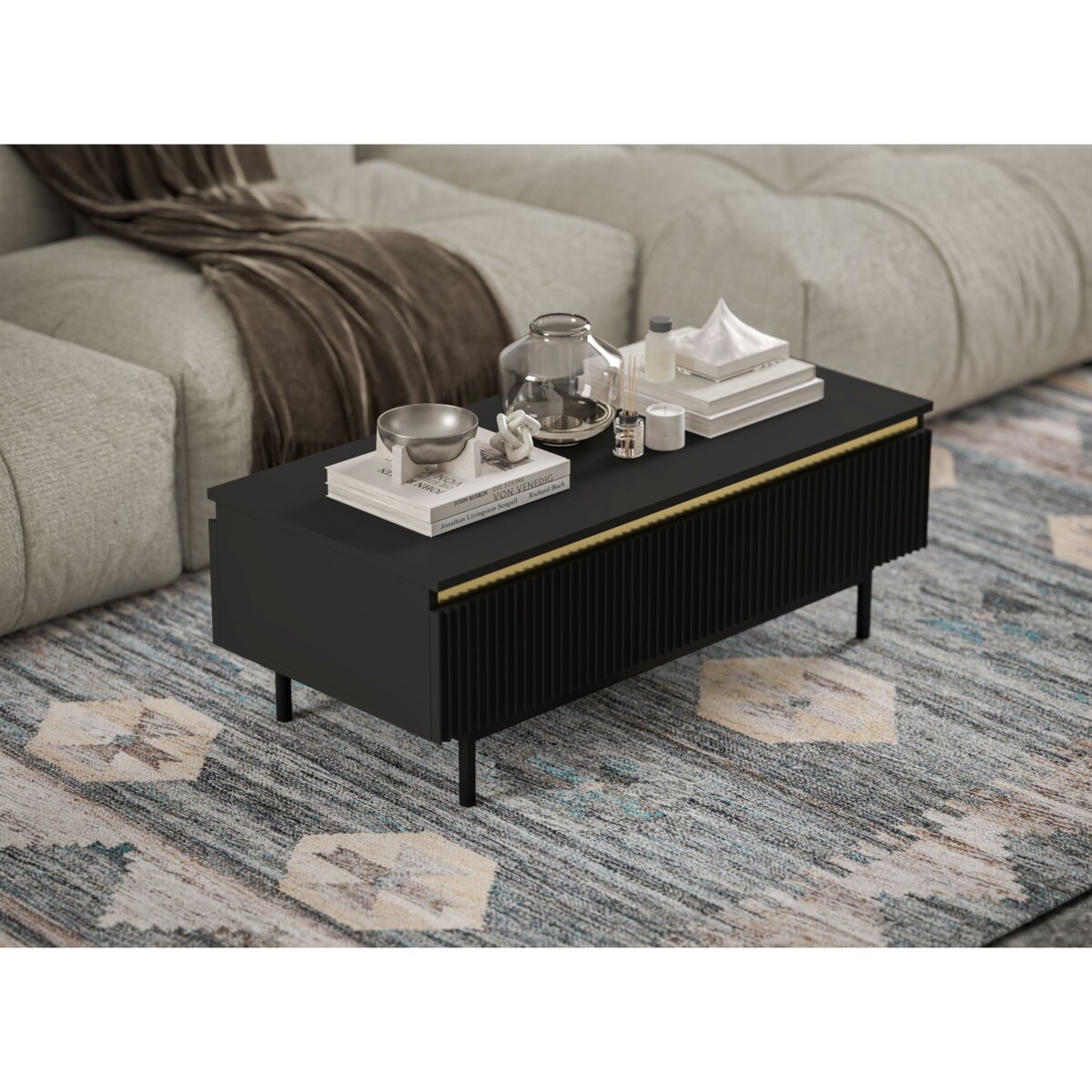 Stolik kawowy Glamour prostokątny elegancka ława Czarny Mat Czarny Stelaż 109 cm