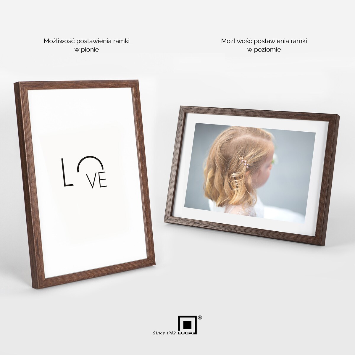 Brązowa ciemna ramka na zdjęcia 21x30 cm A4 rama MDF z plexi klasyczna ramka zawieszka stopka