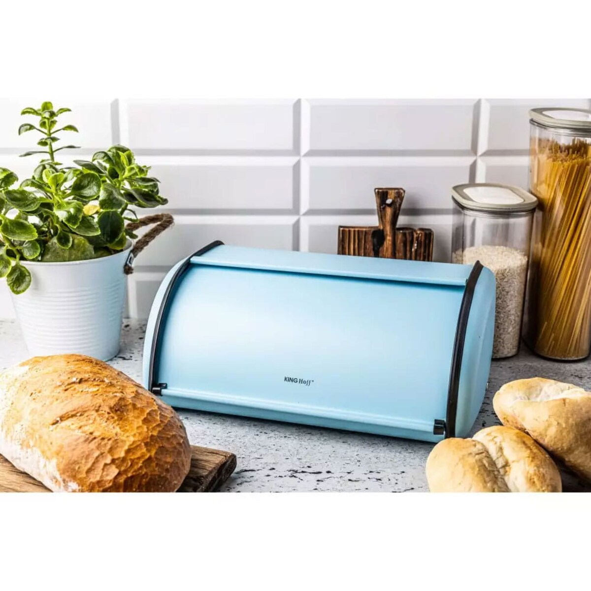 Chlebak stalowy mały 36cm niebieski matowy pojemnik na chleb pieczywo bułki KINGHOFF