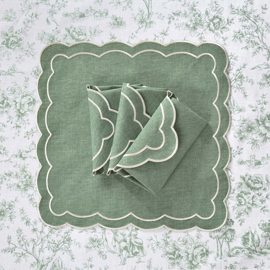 Mini dwustronne podkładki w stylu francuskim Toile de Jouy Green & Stripes – komplet 4 szt.