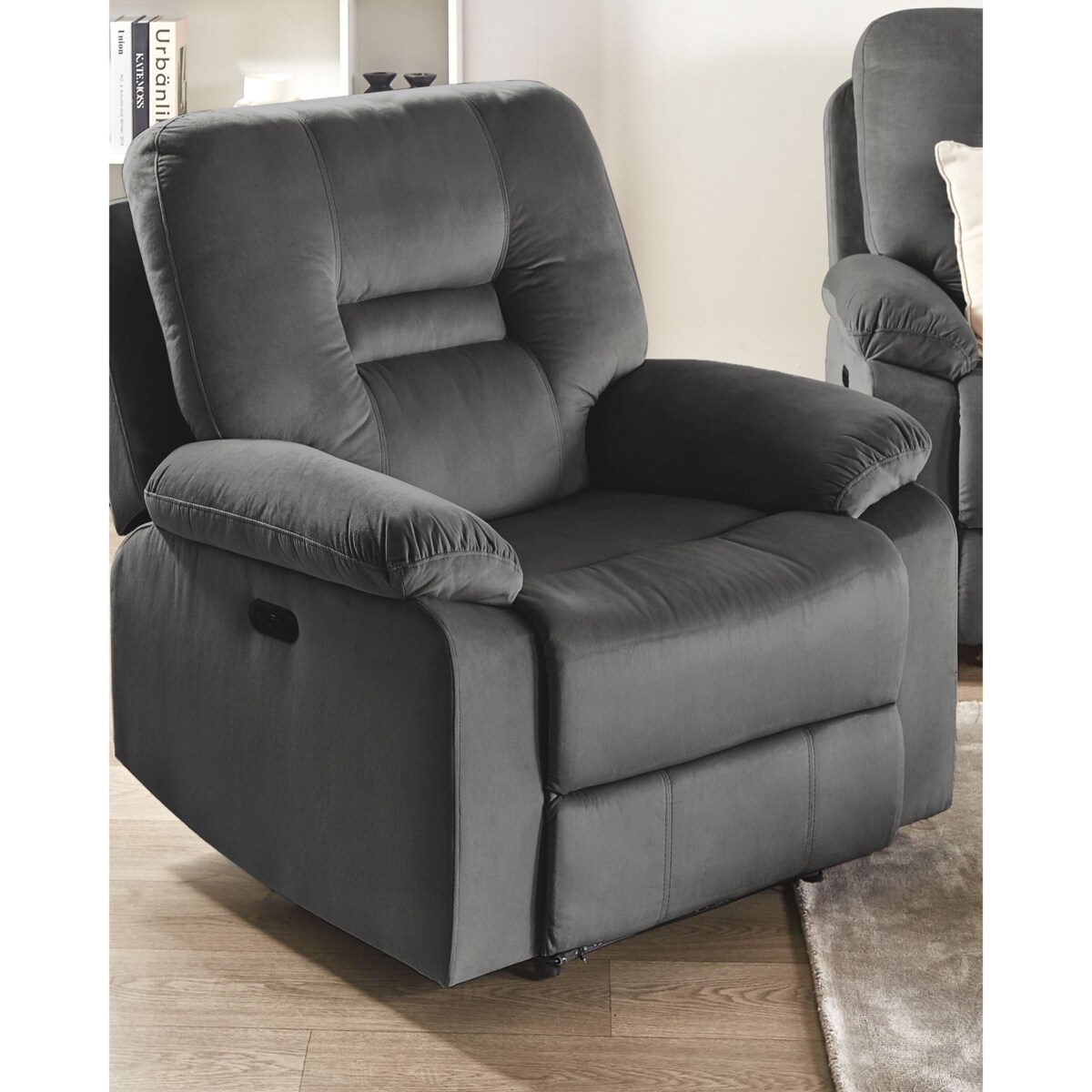 Fotel z elektryczną funkcją relaksu welurowy LED z ładowarką szary BERGEN
