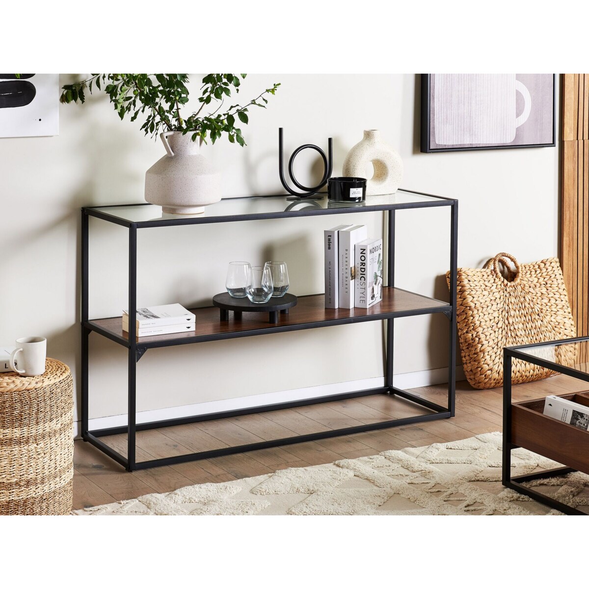 Konsola szklana ciemne drewno z czarnym TAOS