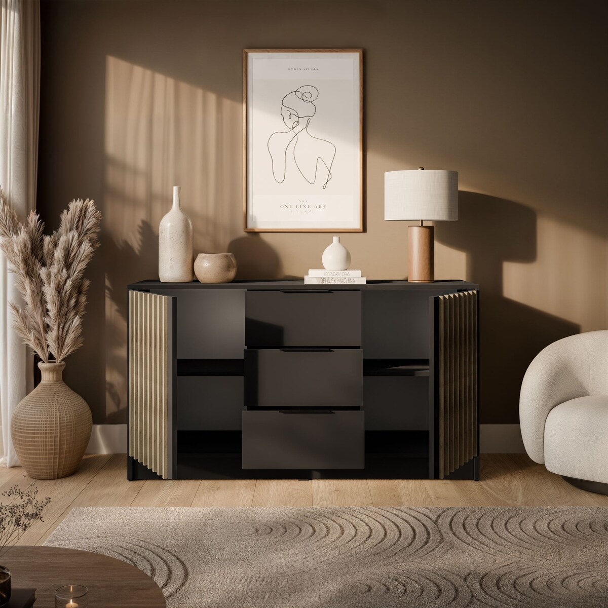 Dwudrzwiowa komoda NELA z lamelami, grafit + dąb artisan