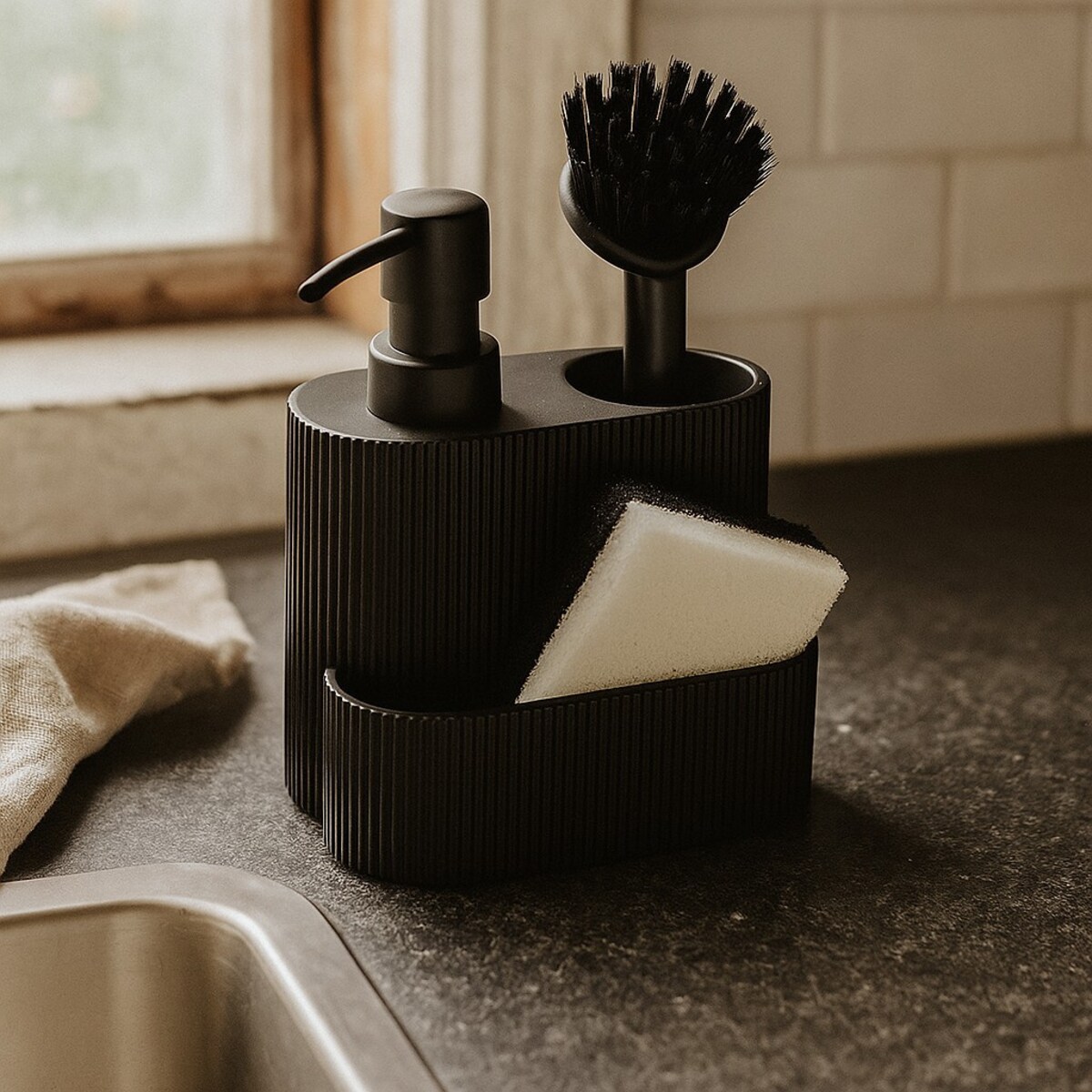 Dozownik do płynu do naczyń KIMU z miejscem na gąbkę i szczotkę