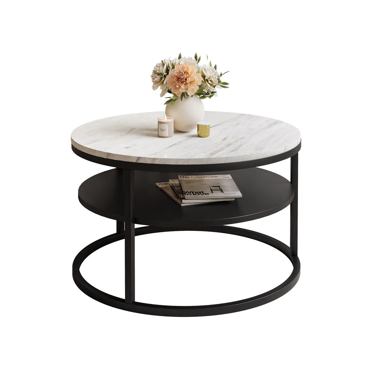 Okrągły stolik kawowy CIRI SLIM z półką czarmy marmur levanto