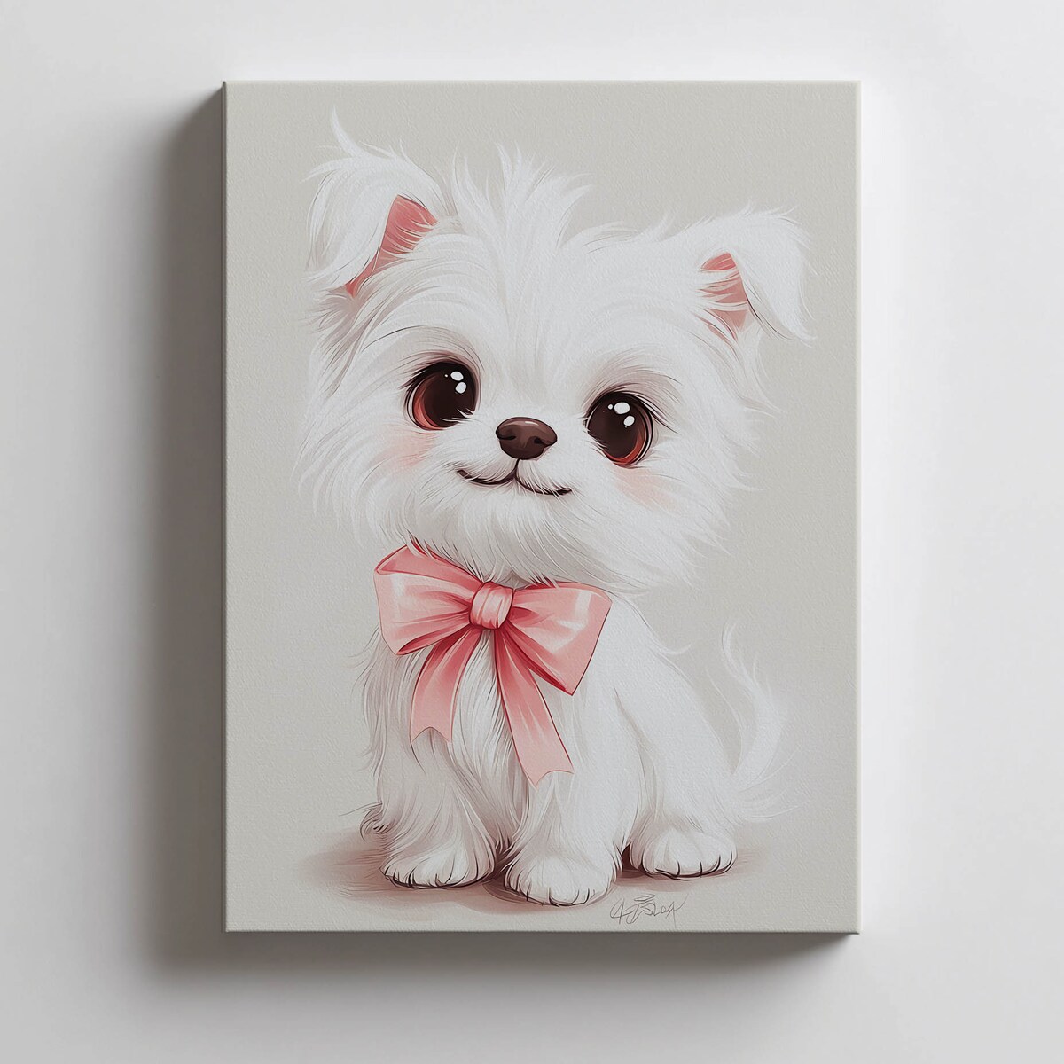 Plakat Uroczy piesek w różowej muszce, 30x40 cm, rama drewniana jasny dąb, papier matowy 230 gsm