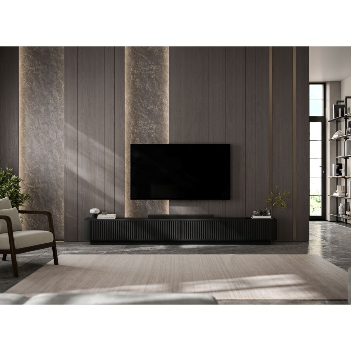 Szafka RTV Uniwersalna 280 cm Glamour Ryflowane Fronty Czarny Mat Nowoczesna Komoda RTV