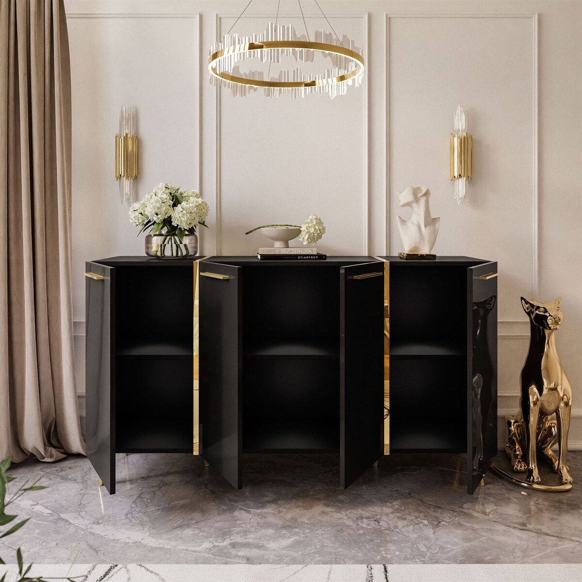 Komoda ONYX 4D 158 cm na złotych nóżkach, czarna, uchwyty złote