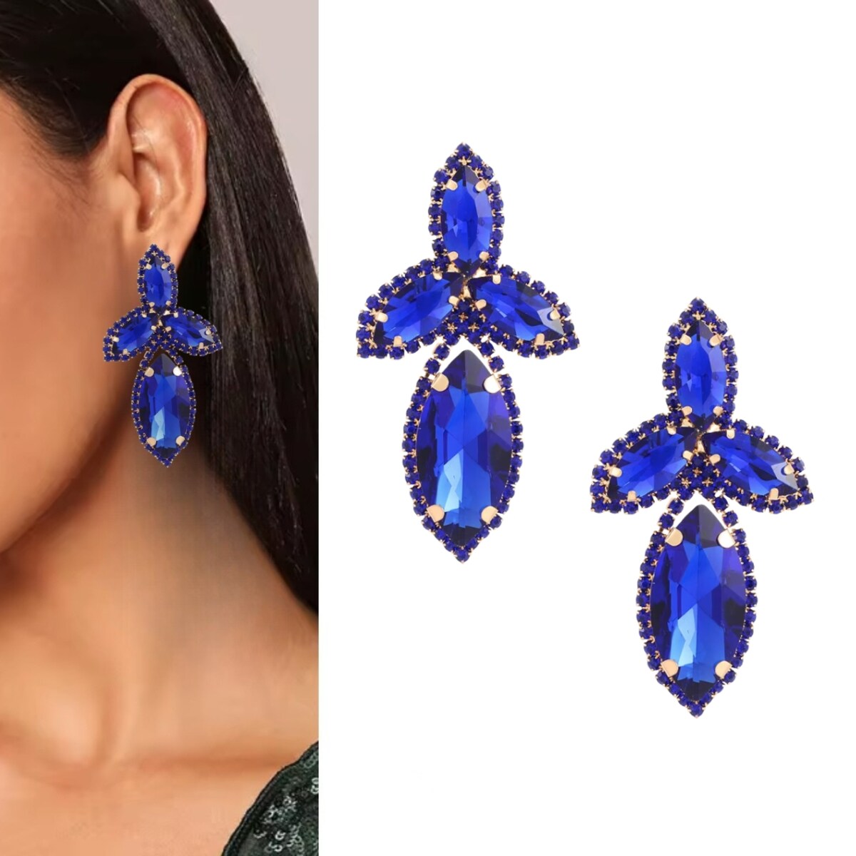 Złote kolczyki niebieskie duże sztyft damskie piękne eleganckie blask