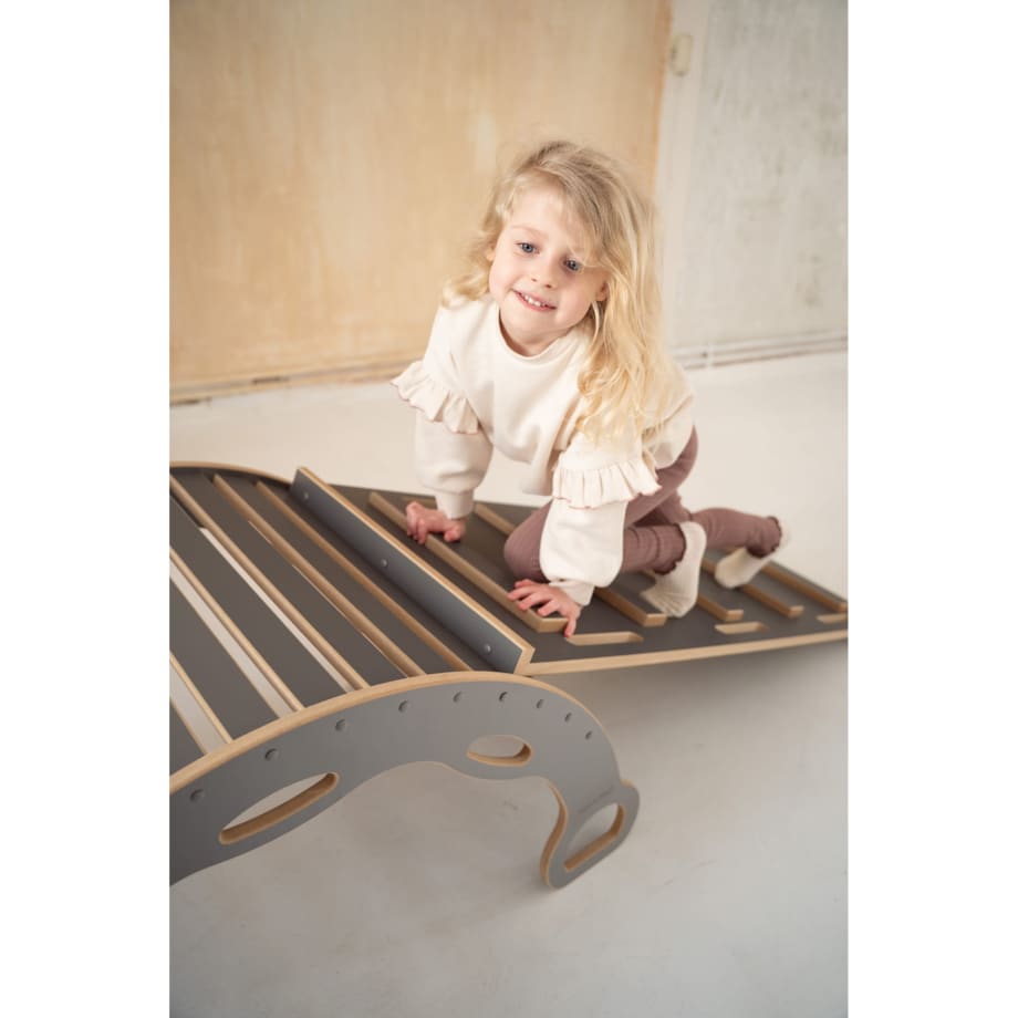 DUŻY bujak montessori z uchwytami + DUŻA zjeżdżalnia DRABINKA - szary