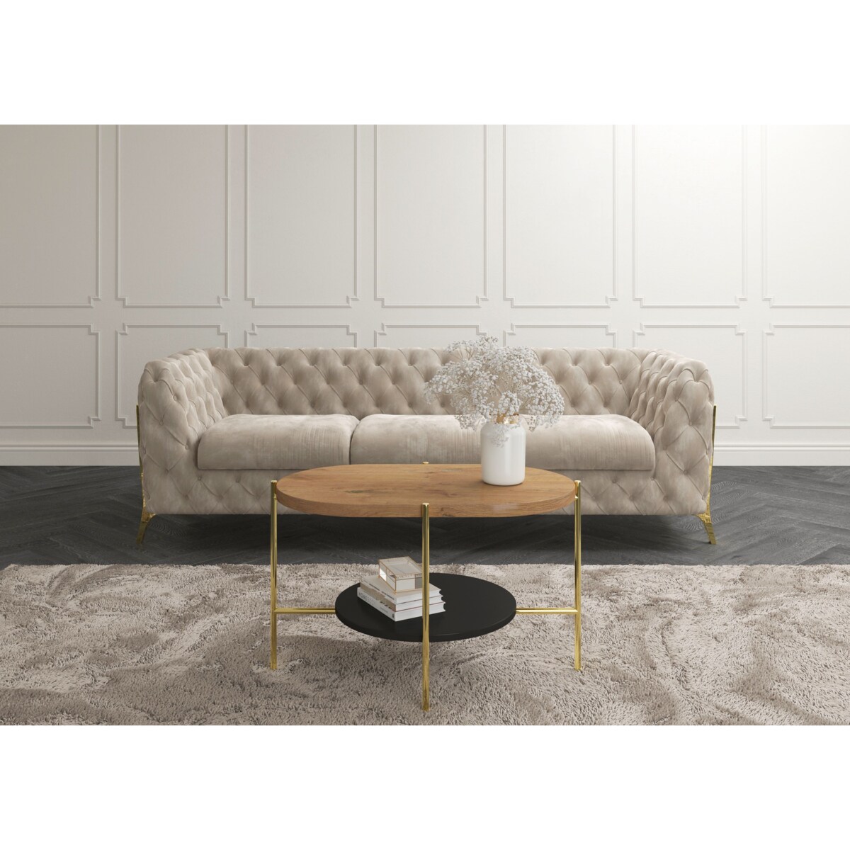 Nowoczesny stolik kawowy Dancan ARENA / złota podstawa + dębowy i czarny blat