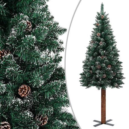 vidaXL Smukła choinka z drewnem i śniegiem, zielona, 180 cm