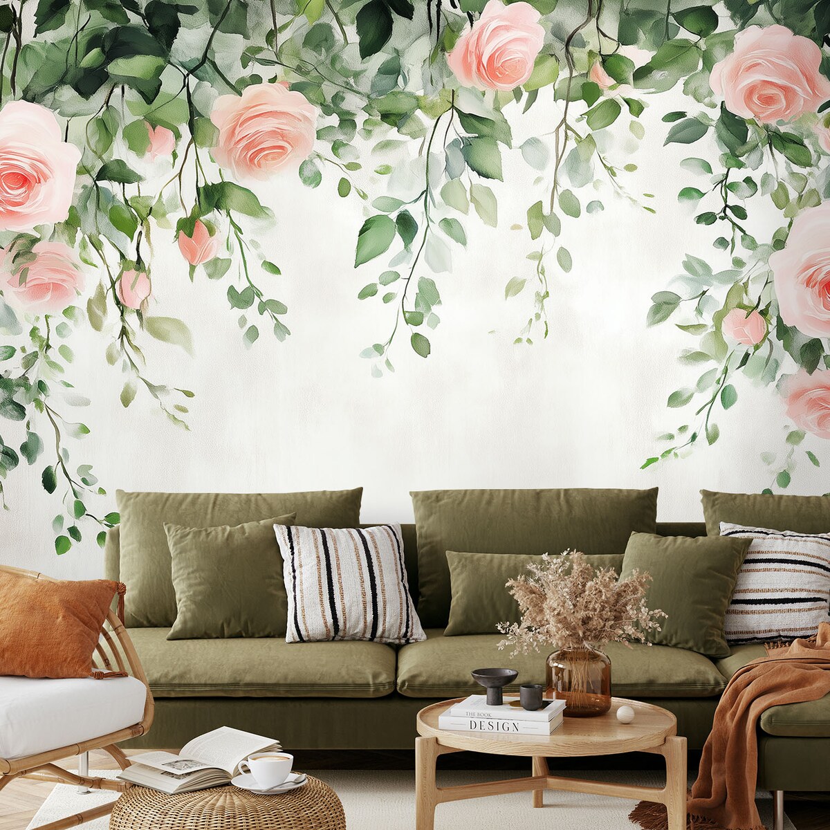 Fototapeta, Wiszące róże kwiaty zielone liście beton 400x280