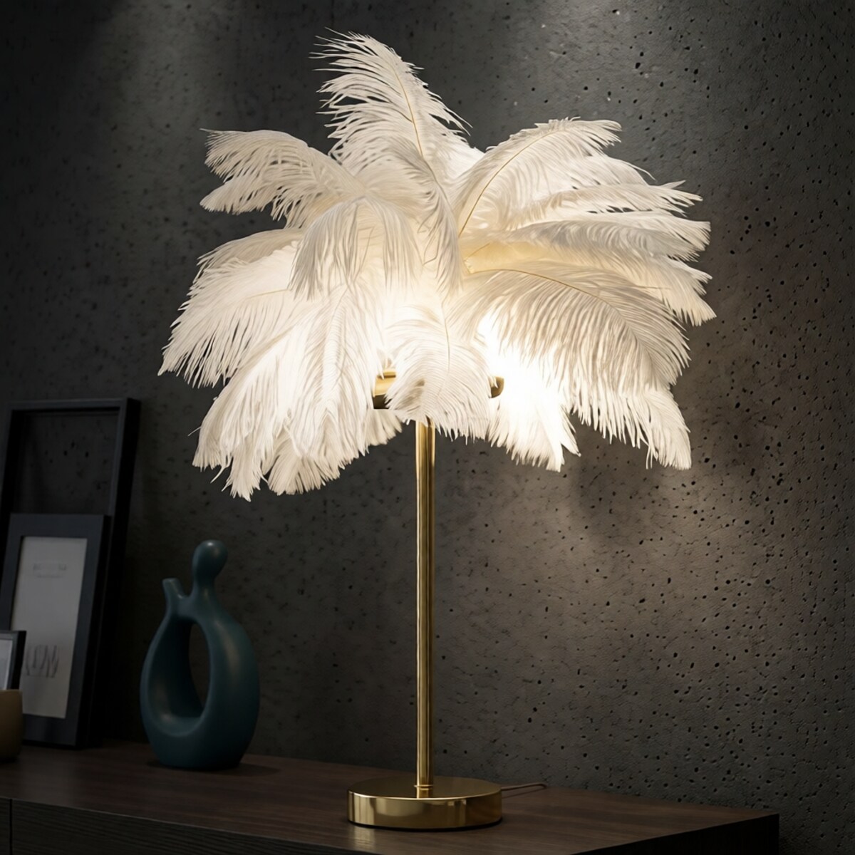 Lampa stołowa Palm, kolor złoty i biały, żelazo i tworzywo sztuczne, 40 x 40 x 55 cm, 2 x E14, max. 40 W, motyw: palma, Mauro Ferretti
