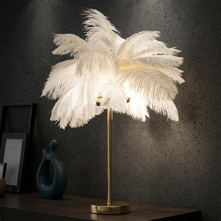 Lampa stołowa Palm, kolor złoty i biały, żelazo i tworzywo sztuczne, 40 x 40 x 55 cm, 2 x E14, max. 40 W, motyw: palma, Mauro Ferretti