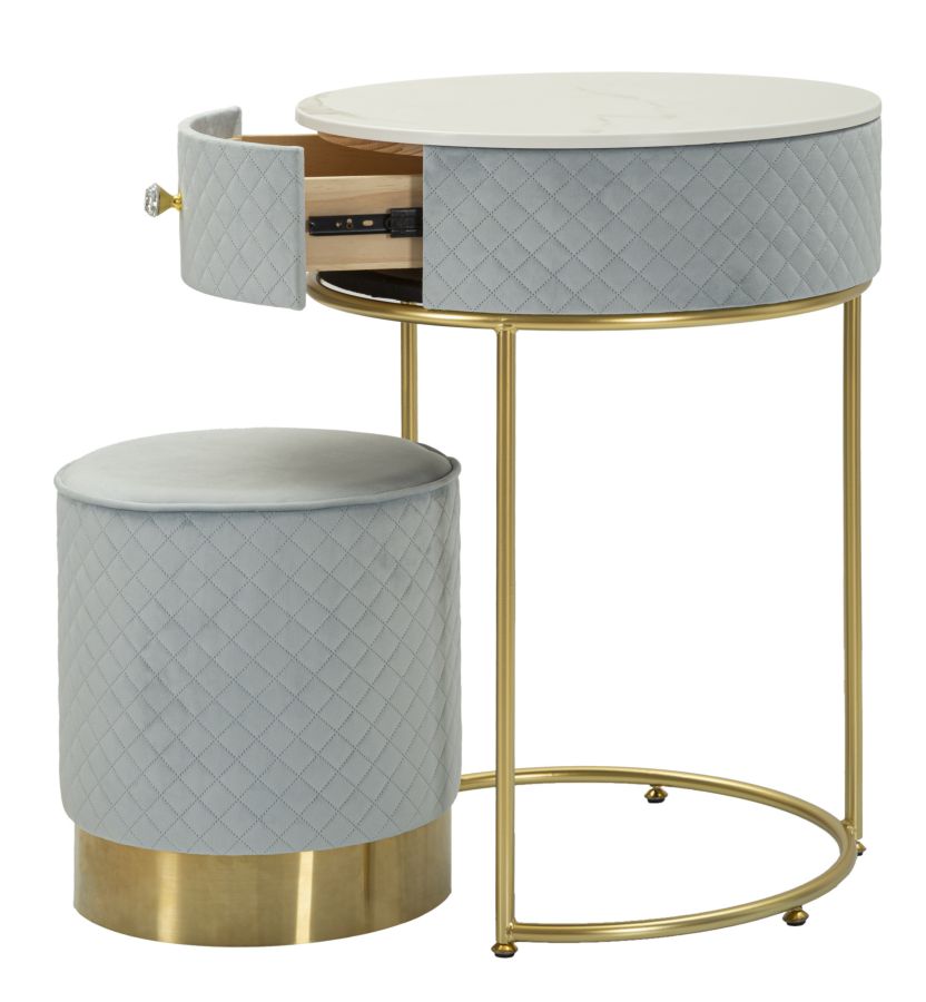 Toaletka z taboretem Nightstand Dressing Vellit, zestaw 2 szt., zestaw do makijażu, styl glamour, Mauro Ferretti