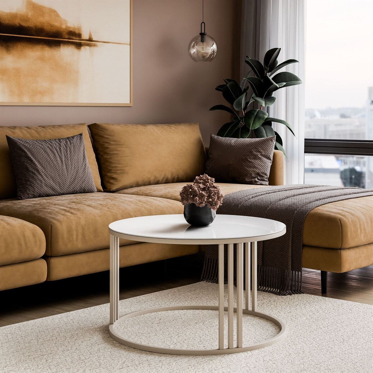 Okrągły stolik kawowy LORI GLASS na kaszmirowym stelażu, blat białe szkło