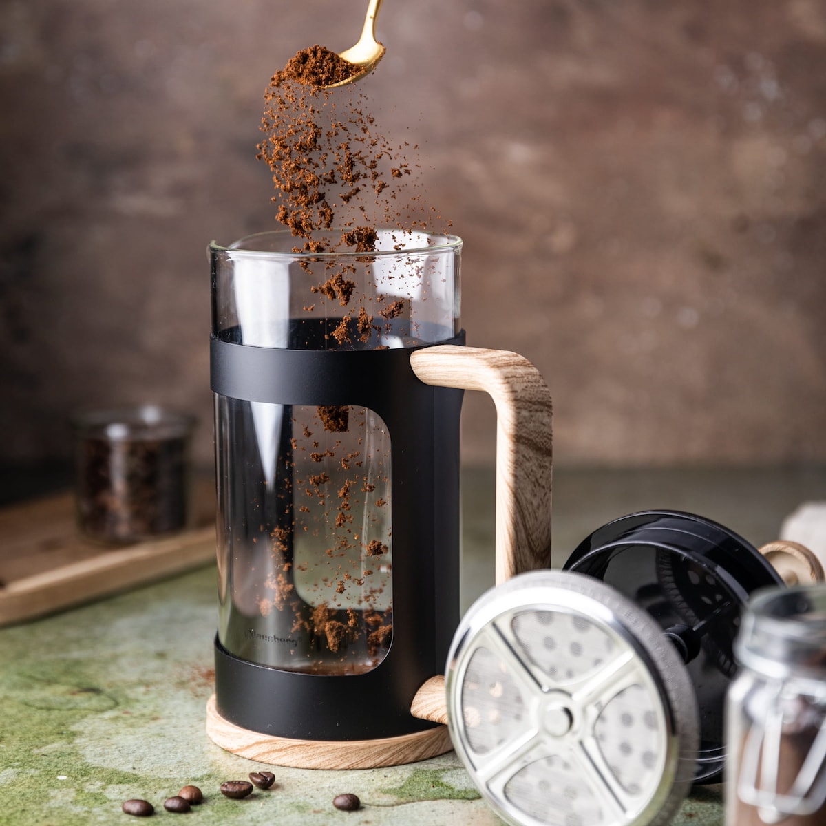 Zaparzacz do kawy herbaty 1.0L French Press drewniany uchwyt KLAUSBERG