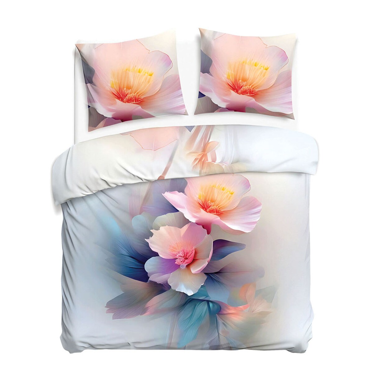 Pościel satyna bawełniana 160x200 Aurora biała i niebieska w pastelowe różowe kwiaty, Satynlove Premium