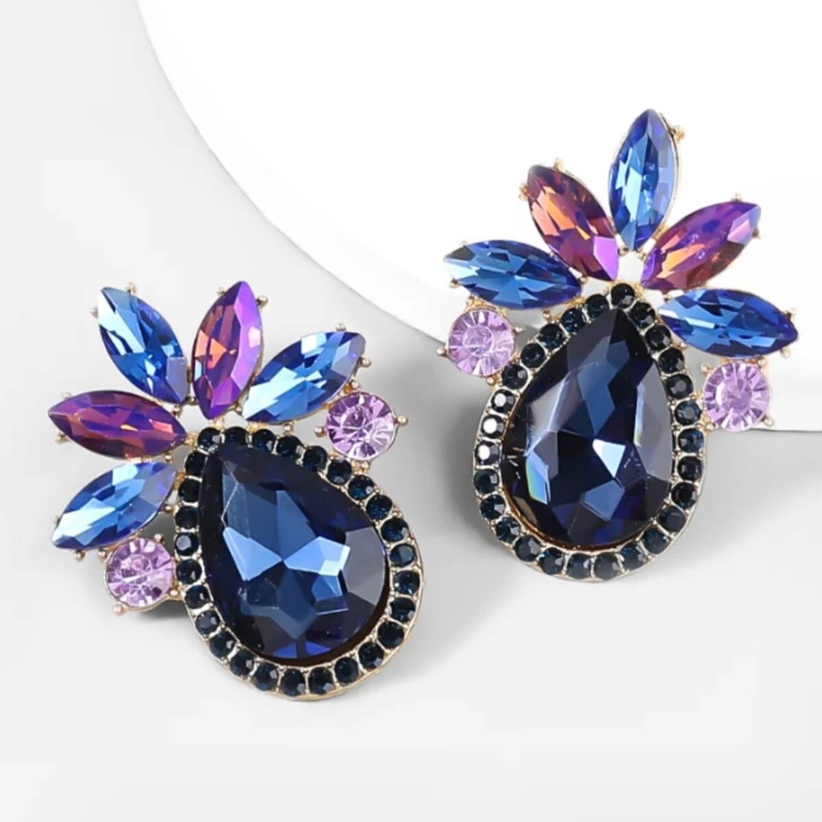 Kolczyki niebieskie złote granatowe duże ŁEZKI z cyrkoniami